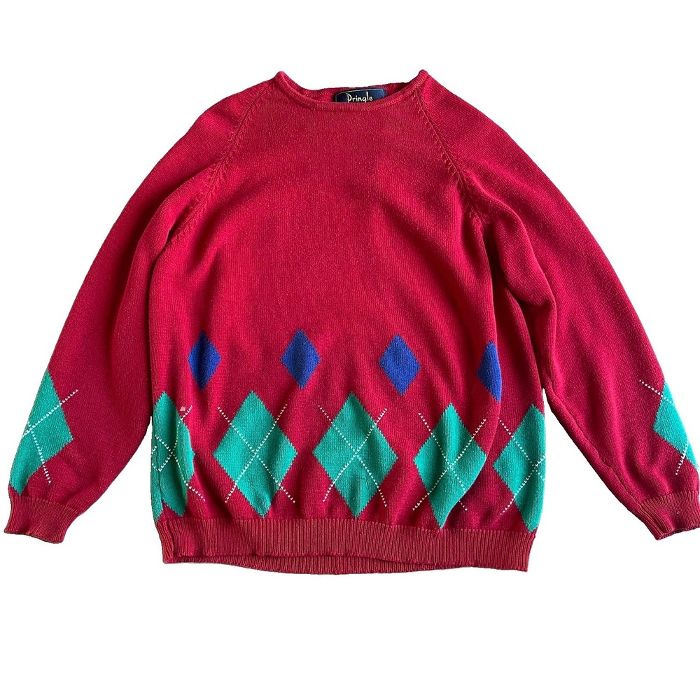 Pringle Scotland Argyle Sweater Mens M Heavyweight Cotton VNeck Preppy Hong Kong